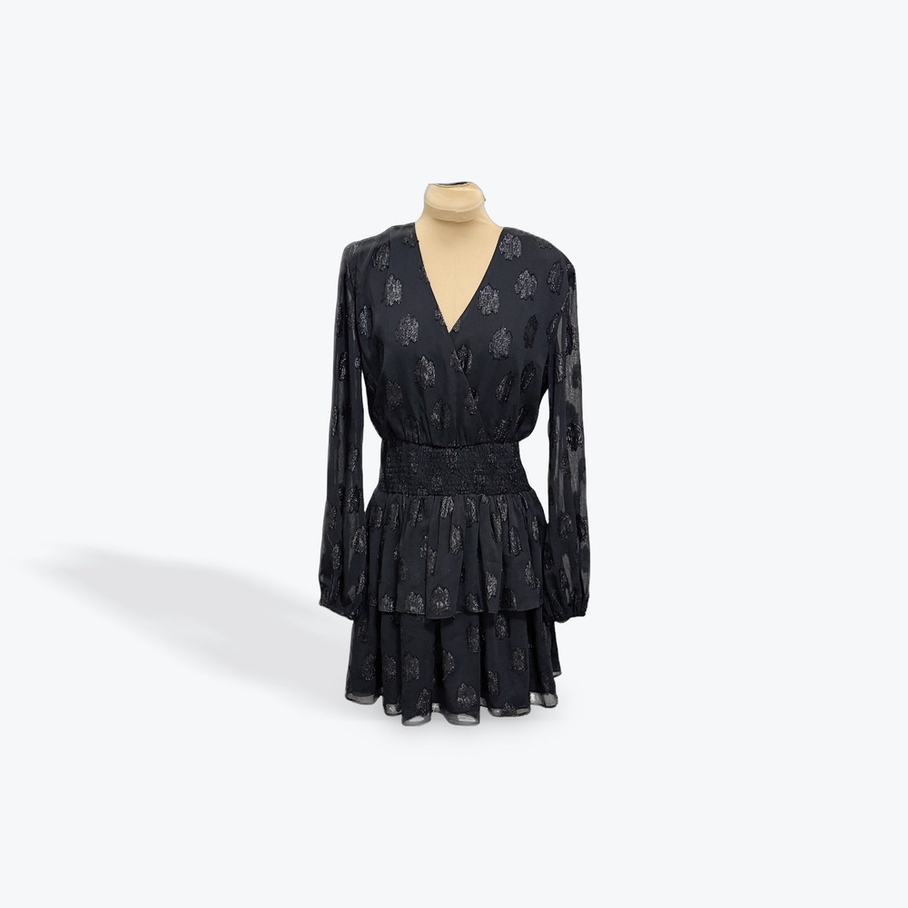 DO‎ BE Black Sheer Metallic Leaf Print Smocked Waist Tiered Ruffle Mini Dress
